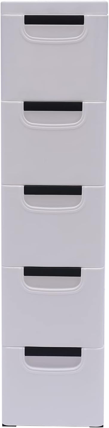 5 Drawers Narrow Slim Plastic Storage Cabinet,Storage Drawer with 4 Wheels,5 Tier Drawers Dresser,White