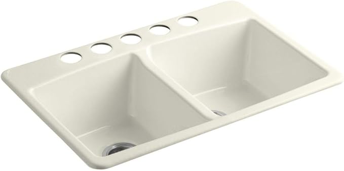 KOHLER 5846-5U-96 Brookfield Under-Mount Double-Equal Bowl Kitchen Sink with 5 Oversized Faucet Holes, Biscuit