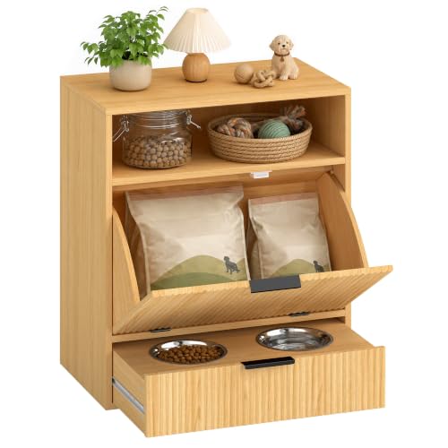 PawHut Dog Feeding Station with Storage & 2 Elevated Bowls, Oak - Image 2