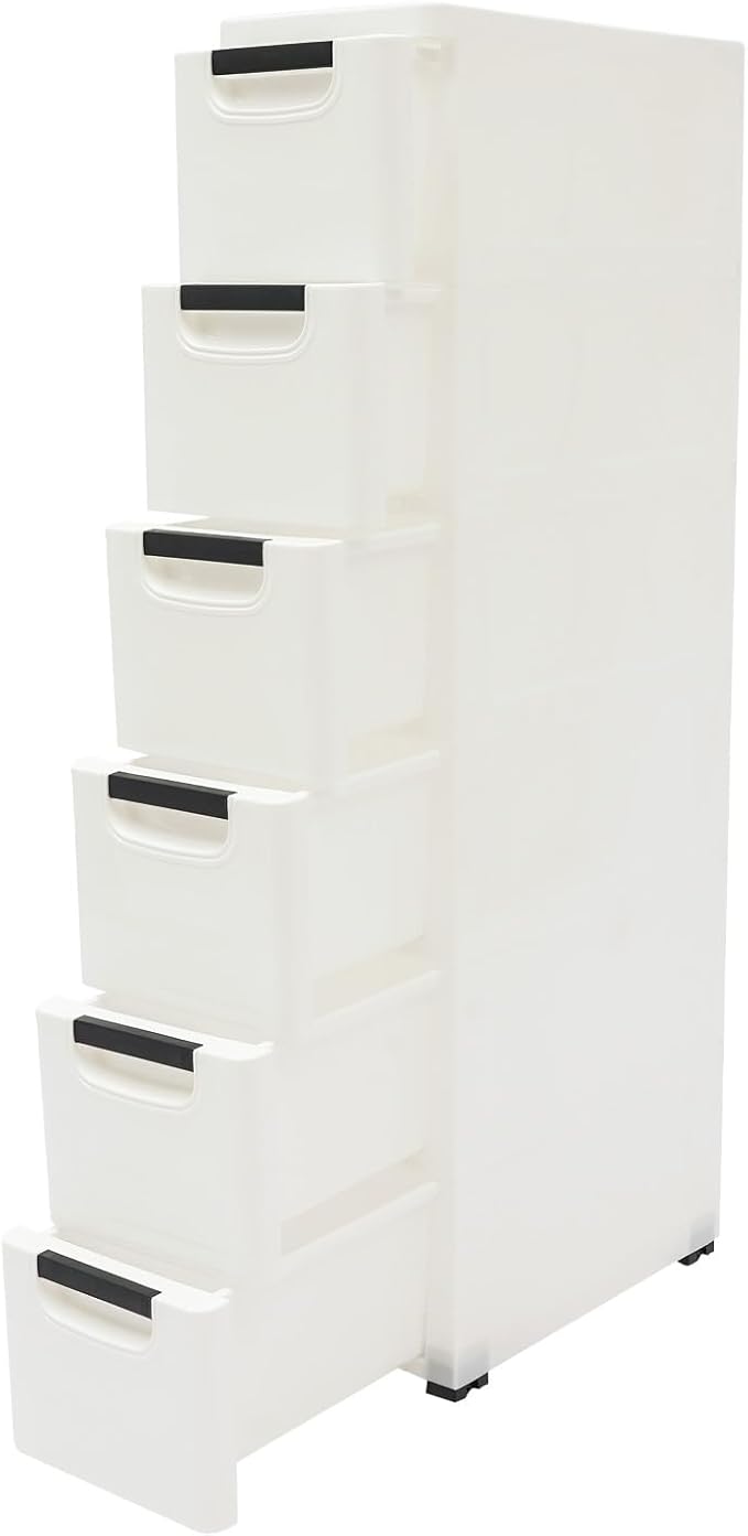 6 Drawers Narrow Slim Plastic Storage Cabinet,Storage Drawer with Wheels,6 Tier Drawers Dresser,Rolling Narrow Cabinet for Small Spaces Bathroom Kitchen Bedroom Living Room,White