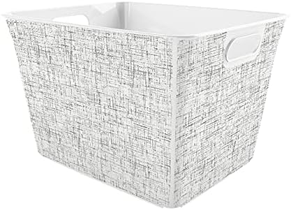 Curver Set of 4 Large V Baskets Decorative Plastic Organization and Storage Basket, White with Tweed Pattern