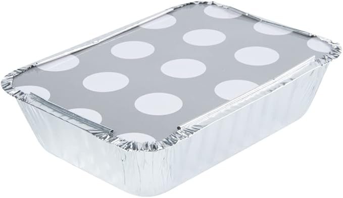Restaurantware 16 Ounce Disposable Takeout Containers 50 Rectangle Food Containers - With Polka Dot Lids Silver Takeaway Containers Aluminum Delivery Containers Freezable