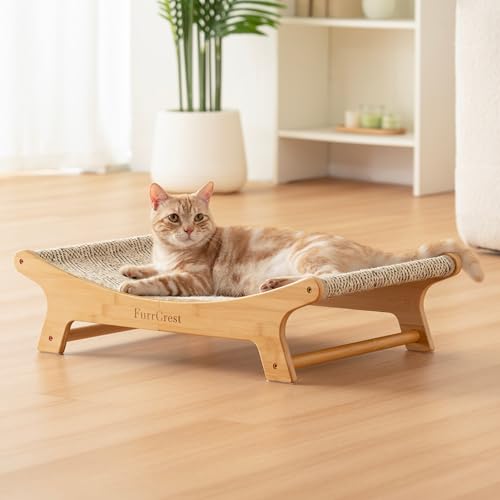XL Sisal Cat Scratcher Bed with Elevated Hammock for Indoor Cats, Replaceable Natural Sisal Pad, Large Cat Lounge, Anti-Slip No-Wobble Bamboo Frame, Grey Chevron. - Image 2