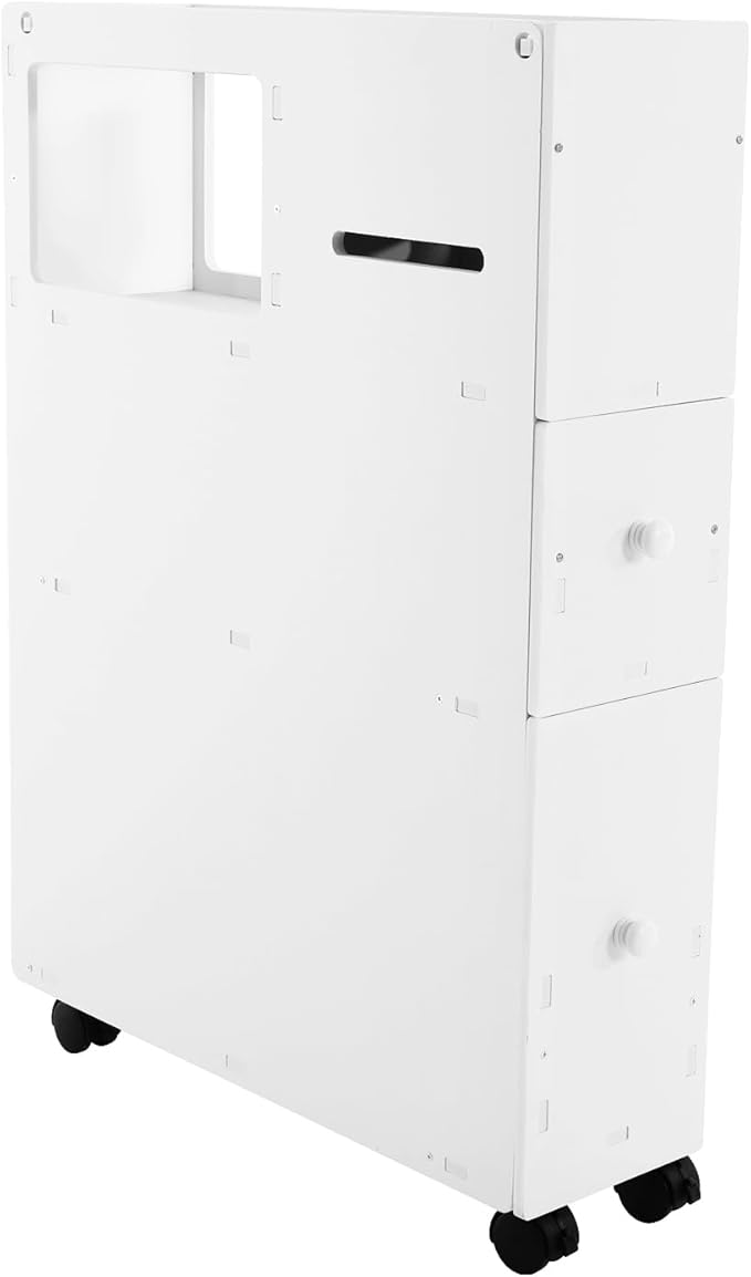 Xuthusman Slim Bathroom Floor Cabinet Toilet Storage Organizer W/Shelf Free Standing Cabinet with Slide Out 2 Drawer and Wheels White