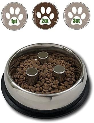 QT Dog - Brake-Fast Slow Feed Stainless Steel Bowl, Non-Slip - Ideal Puppies, Small & Medium Dogs, Suitable for Dry & Wet Food - 2 Cups (16 Oz)