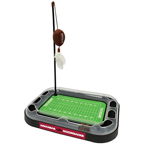 Pets First 5-in-1 Cat Scratcher Toy: Arkansas Razorbacks Football Field Cat Scratcher with Catnip Filled Plush Football & Feathers