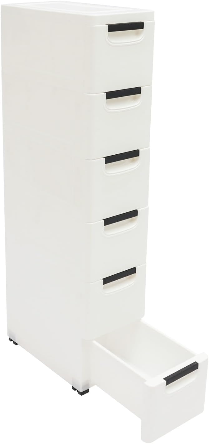 6 Drawers Plastic Storage Cabinet, Mobile Slim Utility Cart on Wheels, for Narrow Space Office Classroom Bedroom Bathroom (White)