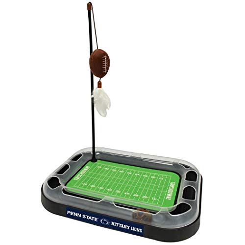 Pets First NCAA PENN STATE NITTANY LIONS FOOTBALL FIELD CAT SCRATCHER TOY with CATNIP Filled Plush FOOTBALL Toy&Feather Cat Toy hanging with Jingle Bell INTERACTIVE BALL Cat Chasing 6-in-1 KITTY Toy