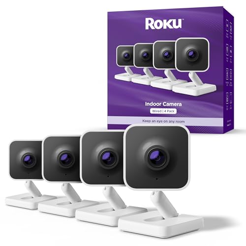Roku Indoor Camera - Home Security - 4-Pack - Wired Security Camera & Pet Monitor with 1080p HD Color Night Vision, Compatible with Alexa & Google, Motion & Sound Detection, WDR & WiFi 6