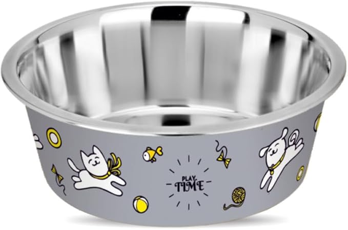 Stainless Steel Dog Bowls | Cat Bowls (Set of 2) - Anti Skid Dog Water Bowl | Cat Water Bowl - Dishwasher Safe - 25oz / 750ml – 15.4 cm (Rhino Gray Playtime Print)