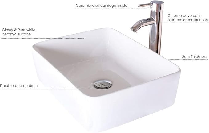 eclife 24" Modern Bathroom Vanity Sink Combo Freestanding Cabinet with Soft Closing Door, White Rectangle Ceramic Vessel Sink, Water Save Faucet, Drain (White+T03)