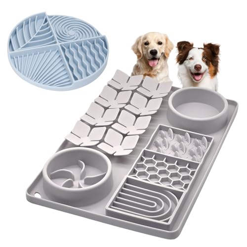 Slow Feeder Bowl Bundle: Grey 4in1 Licking mat + Blue Spiral Slow Feeder, Silicone Lick Mat with Suction Cups, Snuffle mat for Dogs, Interactive Sniff Mat for Slow Eating and Keep Busy