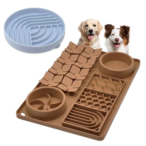 Slow Feeder Bowl Bundle: Brown 4in1 Licking mat + Blue Arch Slow Feeder, Silicone Lick Mat with Suction Cups, Snuffle mat for Dogs, Interactive Sniff Mat for Slow Eating and Keep Busy