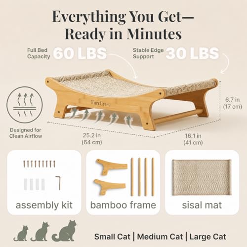 XL Sisal Cat Scratcher Bed with Elevated Hammock for Indoor Cats, Replaceable Natural Sisal Pad, Large Cat Lounge, Anti-Slip No-Wobble Bamboo Frame, Grey Chevron. - Image 5