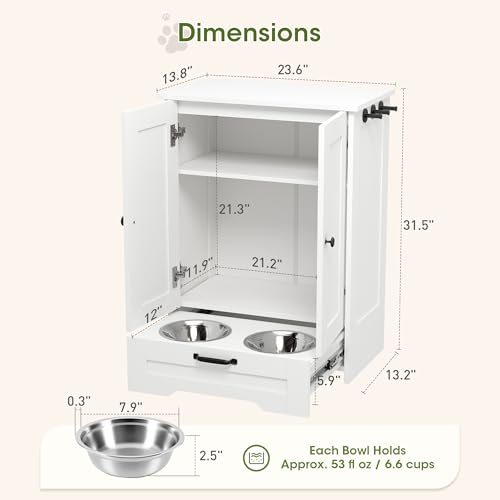 Dog Feeding Station with Storage Cabinet, White Wood Dog - Image 3