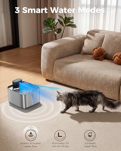 Wireless Cat Water Fountain, 108oz/3L Pump-Free Ultra-Quiet Pet Water Dispenser, Stainless Steel with Multi-Layer Filtration, 3 Smart Modes & Motion Sensor,Automatic Drinking Fount