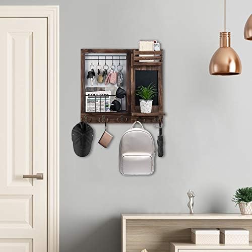 Key Holder for Wall, Mail Organizer Wall Mount with 5 Hooks and Shelf, Home Decorative with 5 Double Hooks and Chalkboard for Home Coat/Letter/Dog Leash/Entryway/Hallway/Living Room Decor