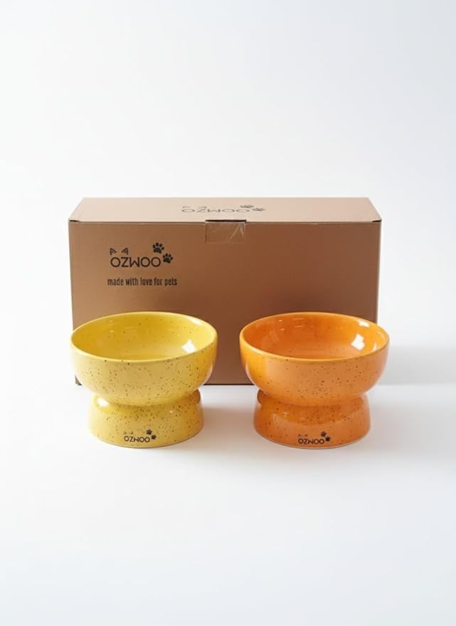 Ceramic Cat Bowls - Elevated cat Bowl, Anti-Vomiting, Whisker Friendly Raised Cat Bowl, Easy to Clean, Non-Slip, Suitable for Small Dogs - Pack of 2 (White-Beige, Orange-Yellow) (Yellow-Orange)