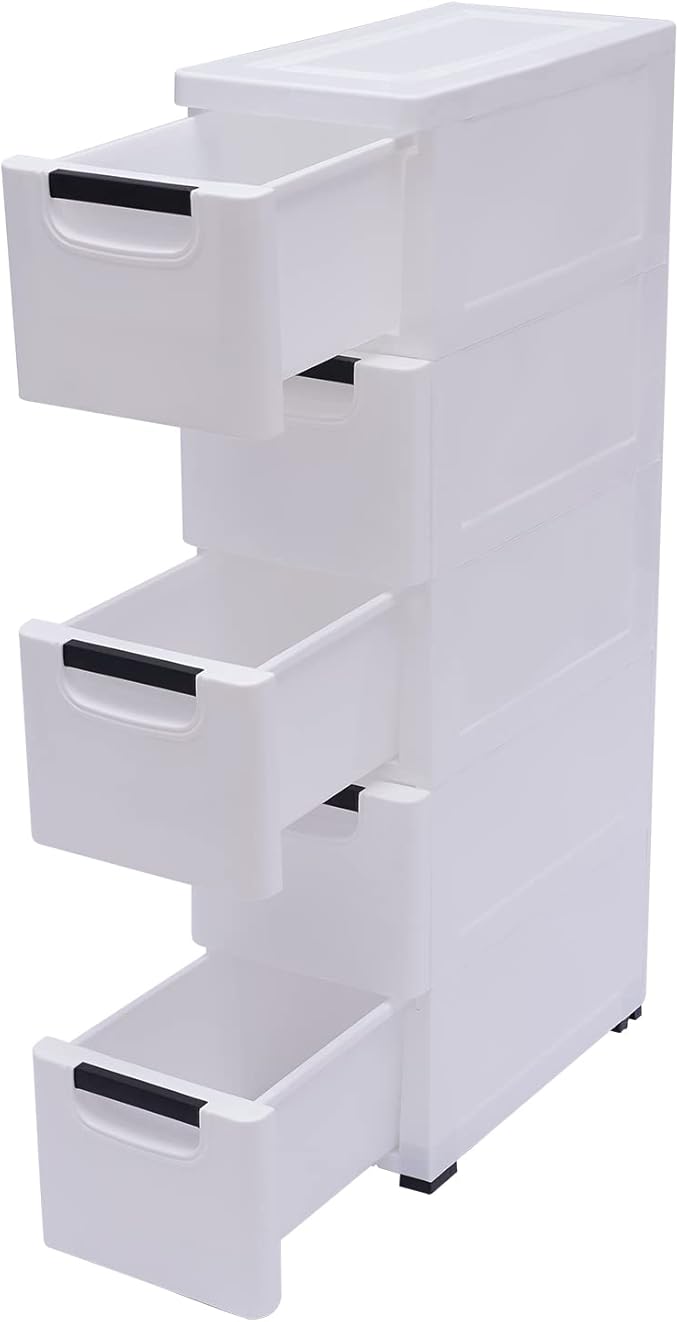 5 Drawers Narrow Slim Plastic Storage Cabinet,Storage Drawer with 4 Wheels,5 Tier Drawers Dresser,White