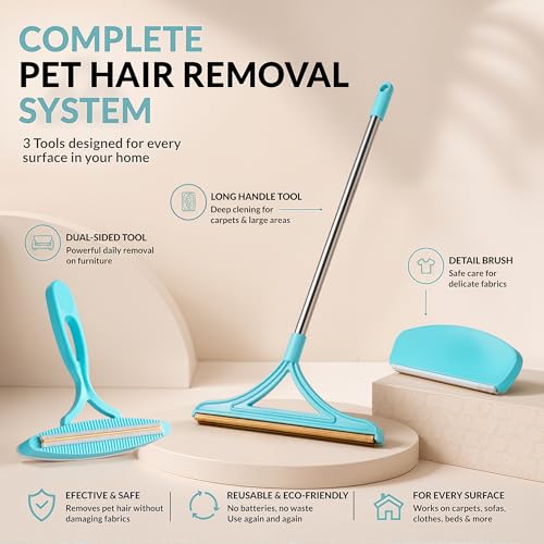 Pet Hair Removal Tool 3-Pack – Reusable Carpet Rake Set with Long Handle, Dual-Sided Scraper，Detail Tool for Carpet, Furniture and Car