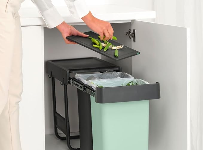 Brabantia Sort & Go Pull Out Trash Can | 2 x 4 Gal Built-in Under Kitchen Sink Cabinet Garbage Can | Integrated Double Sliding Recycling Unit, Smooth Rails, Removable Buckets | Gray & Green
