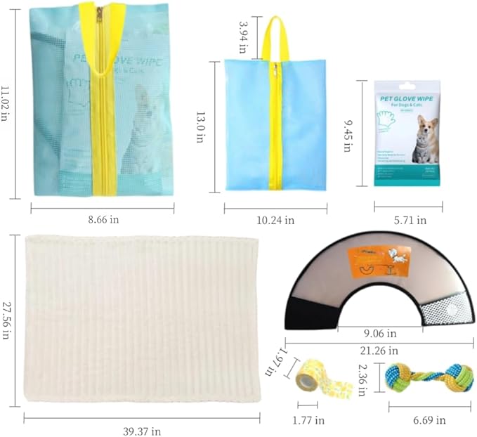 6 Pcs Surgery Recovery Kit for Dogs Cats –Adjustable Dog Cone & Fluffy Dog Blanket (28''x40'')– Get Well Soon –Cleaning Wipes,Calming Toy, Bandages & Mesh Bag –Sympathy Gift for Pet (blue-M)