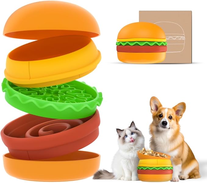 SUBARASHII 5-in-1 Burger Pet Bowls Set - Tilted Bowl, Elevated Bowl, Slow Feeder, Lick Mat, Non-Slip Bowl for Dog & Cat