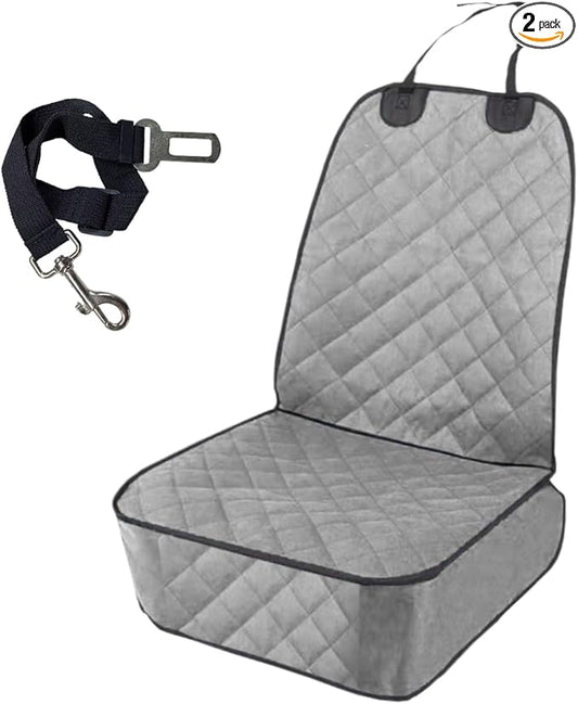 Dog Car Seat Cover, Waterproof & Scratch Proof Car Seat Protector with Side Flaps, Nonslip Front Car Seat Covers with Safety Belt, Universal Dog Mat for Cars, SUVs, Trucks (Grey)
