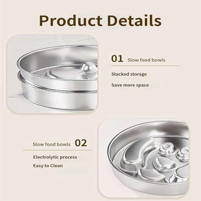 Stainless Steel Slow-Feed Dog Bowl Designed specifically for French Bulldog, This Double-Sided Anti-swallowing pet Food Bowl Features Raised barriers and is Easy to Clean D