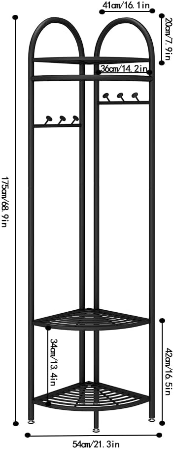 Black Corner Hall Tree, Freestanding Garment Rack with 6 Hooks and Storage Shelf, Metal Clothing Racks Coat Racks for Hallway, Entryway, Bedroom, Living Room, Office(Black)