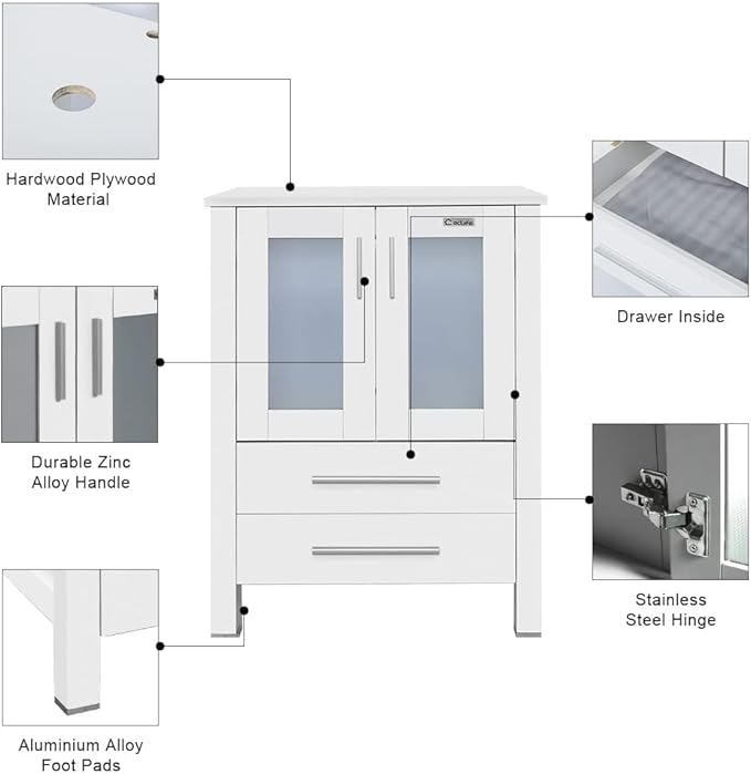 eclife 36" Modern Bathroom Vanity Sink Combo Freestanding Cabinet with Small Side Cabinet, Champagne Boat Glass Vessel Sink, Water Save Faucet, Drain (White+A29CH)
