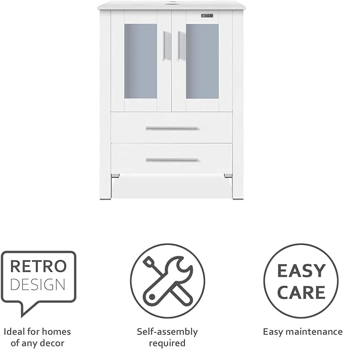 eclife 36" Modern Bathroom Vanity Sink Combo Freestanding Cabinet with Small Side Cabinet, White Black Ceramic Vessel Sink, Water Save Faucet, Drain (White+T03BK)
