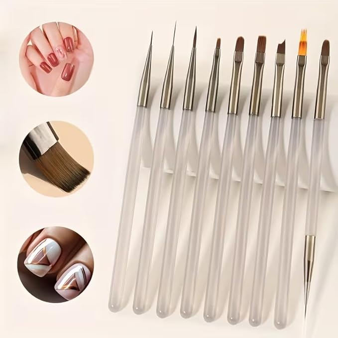 9Pcs Multi-Functional Nail Art Brush Set, Professional Brushes for Gel Polish, French Tip, Ombre, Liner & Clean Up, Manicure Tools for DIY & Salon Nail Design Tools-Grey