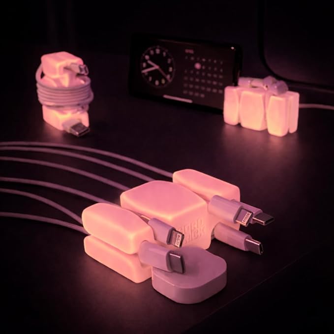 GlowBrick Stocking Stuffers for Adults Cord Management Weighted Cord Holder Cable Wrap Phone Stand - Glow-in-The-Dark Gadget Organizer for Nightstand. Gift for Men, Silicone. 2pk Glowing Pink