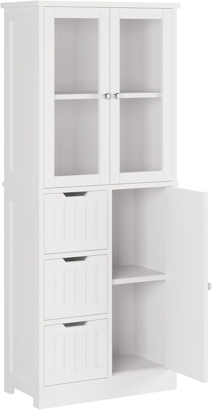 Karl home Bathroom Storage Cabinet, 58" Tall Storage Cabinet with 3 Drawers & Doors, Freestanding Kitchen Pantry for Dining Room, 2 Glass Doors, Adjustable Shelves, Living Room, White