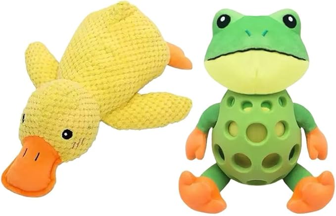 2025 Mellow Dog Calming Duck with Frog Toy,Bite Resistant Tooth Grinding Rubber Plush Toys,Durable Puppy Teething Toy with Soft Squeaker,Interactive Chew Toy for Dogs Chew and Play (Small Duck Frog)