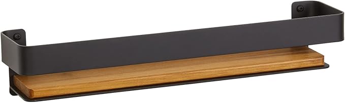 Seachrome Rectangular Shower Shelf with Rail in a Matte Black Finish and Natural Teak Wood Insert