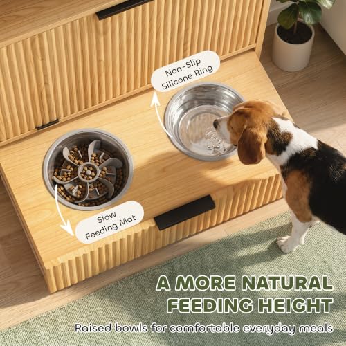 PawHut Dog Feeding Station with Storage & 2 Elevated Bowls, Oak - Image 5