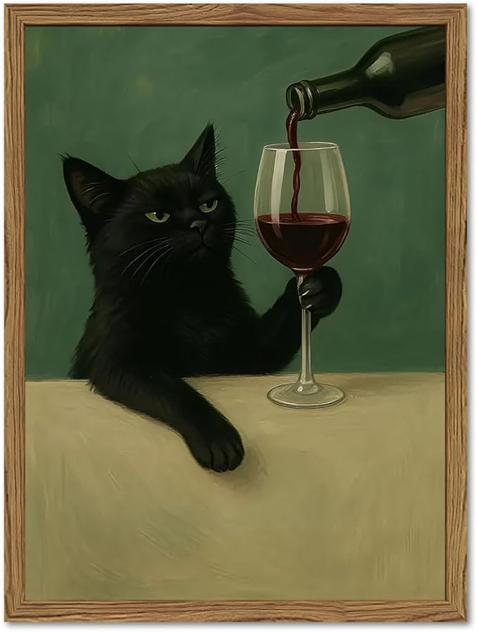 Funny Black Cat Wall Art Moody Black Cat with Wine Glass Wall Decor Whimsical Animal Bar Cart Poster Canvas Prints for Living Room Bedroom 16x24 inch Wood Framed