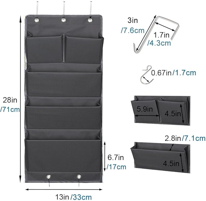 5 Pockets Over the Door Organizer and Storage Hanging with Hooks, Wall Mount Office Supplies File Folders Document Holder for Notebooks, Paper,Supplies, Closets, Families, Filing (Gray)