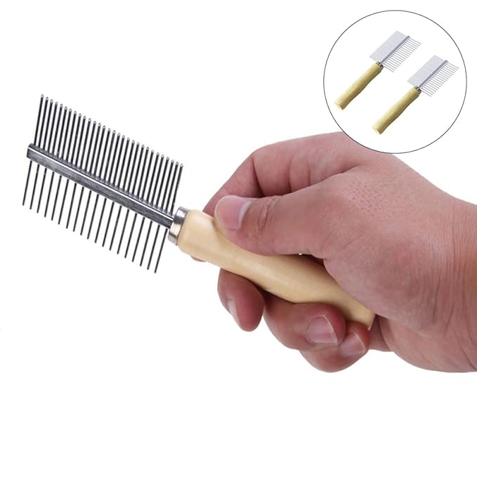 2Pcs Wooden Pet Comb Set with Fine Teeth Non-Skid Handle, Natural Dual-Row Grooming Comb for Dogs and Cats, Effective Stain Removal and Shedding Control, for Home Pet Care