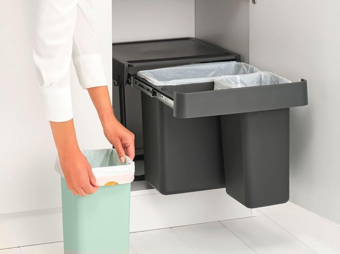 Brabantia Sort & Go Pull Out Trash Can | 4 + 4 + 5.3 Gal Built-in Under Kitchen Sink Cabinet Garbage Can | Integrated Triple Sliding Recycling Unit, Smooth Rails, Removable Buckets | Gray & Green