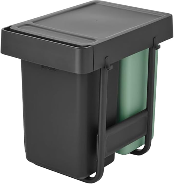 Brabantia Sort & Go Pull Out Trash Can | 2 x 4 Gal Built-in Under Kitchen Sink Cabinet Garbage Can | Integrated Double Sliding Recycling Unit, Smooth Rails, Removable Buckets | Gray & Green