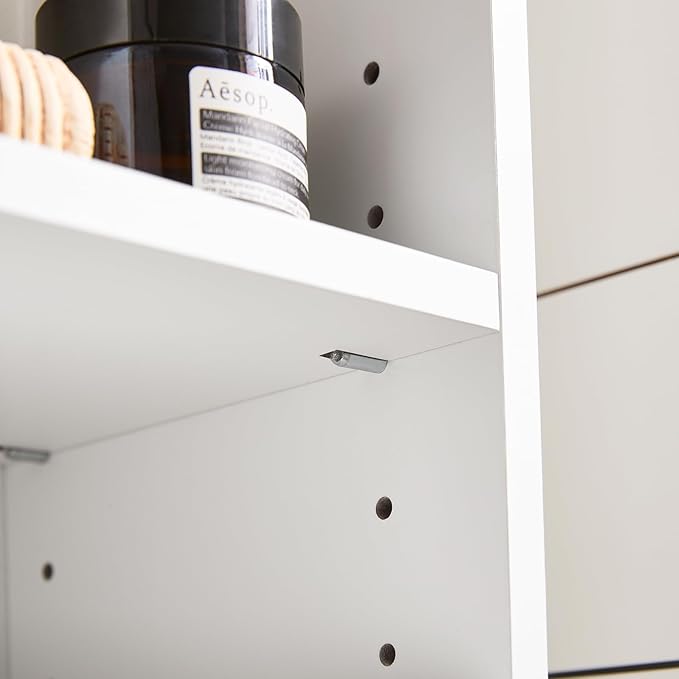 SoBuy Tall Narrow Storage Cabinet, Skinny Bathroom Cabinet with Adjustable Shelves Slender, Anti-Tipping Floor Standing Cupboard, Pinstripe White BZR160-W