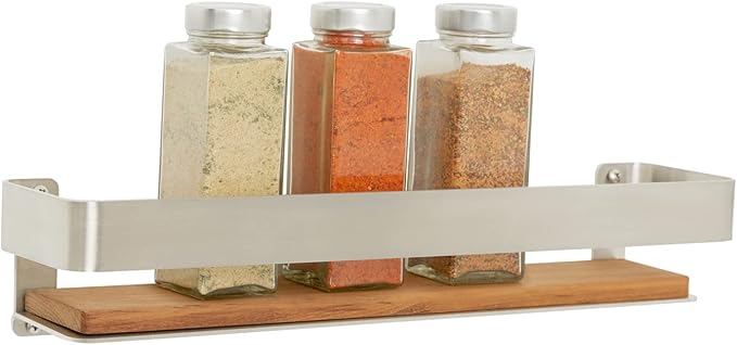 Seachrome Rectangular Shower Shelf with Rail in a Satin Finish and Natural Teak Wood Insert