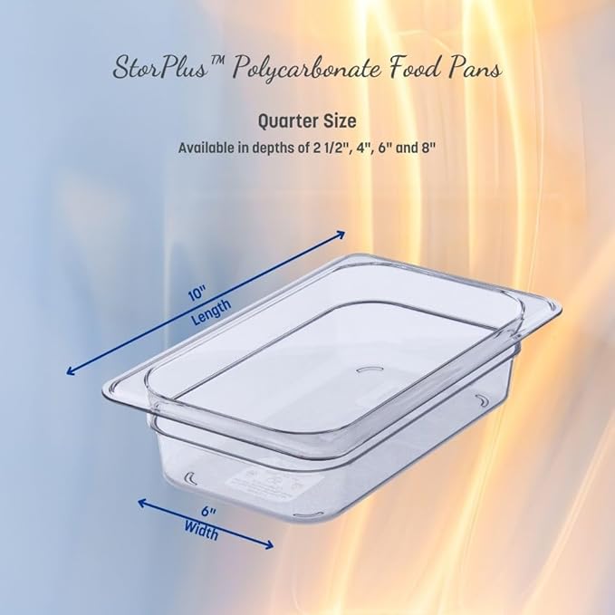 Carlisle FoodService Products Storplus Food Storage Container Food Pan, Chafing Pan for Catering, Buffets, Restaurants, Polycarbonate (Pc), 1/4 Size 4 Inches Deep, Clear, (Pack of 6)