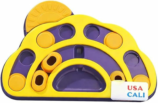 Dog Puzzle Feeder Slow Feeding Bowl, Interactive Treat & Kibble Puzzle Toy for Dogs, Sliding Compartments Food Puzzle Feeder for Enrichment, Non-Slip Feeding Game (Yellow/Purple)
