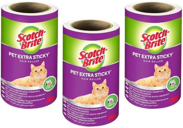 Scotch-Brite Pet Extra Sticky Hair Roller Refill, 3 Rolls, 48 Sheets - Designed for Pet Hair, Easy Tear Sheets, Safe on Fabrics, Total 144 Sheets in Pack, Weiß