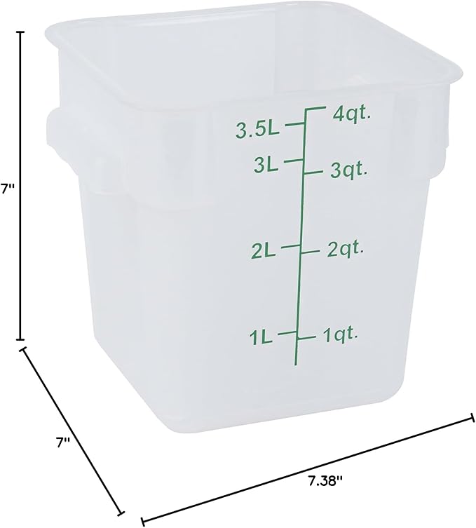Restaurantware Food Storage Container 1 Pack of 4 qt Plastic Kitchen Storage Bin with Volume Markers Space-Efficient Design Dishwasher-Safe Polypropylene Translucent