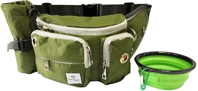 Dog Treat Pouch with Poop Bag Holder, Water-Resistant Fanny Pack with Collapsible Bowl & Bottle Holder – Olive Green Waist Bag for Training, Hiking, Walking – Fits All Phones, Large Size